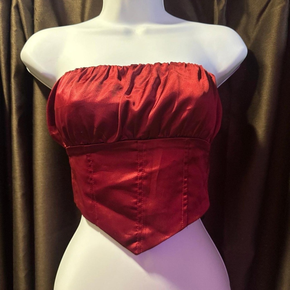 Red Satin Ruched Bustier Corset Crop Top
